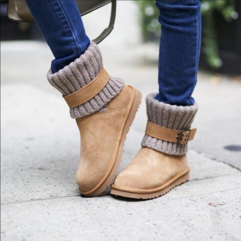 UGG Chestnut Tan Suede Knit Cuff Ankle Boots